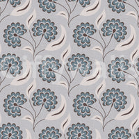Serene Blooms wallpaper close-up showing the blue and cream flower pattern on a soft grey ground