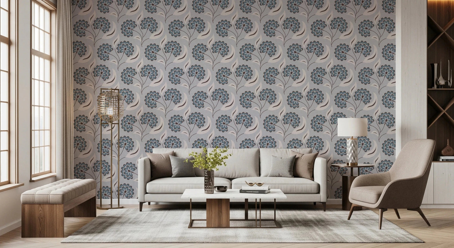 Serene Blooms wallpaper with blue-grey flowers behind a beige sofa and taupe armchair in a living room