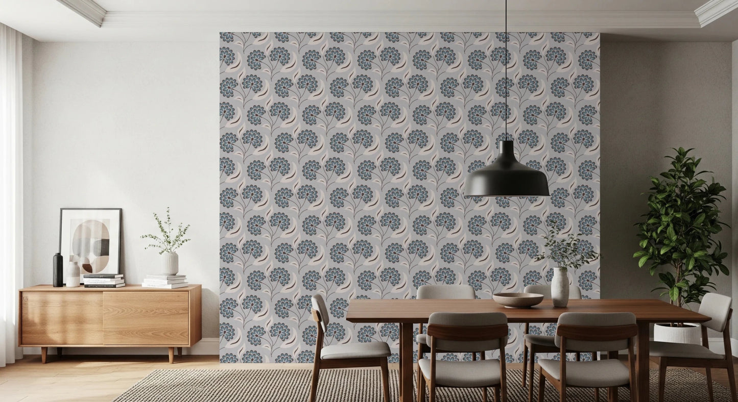 Serene Blooms wallpaper with blue floral motif behind a wood dining table under a black pendant