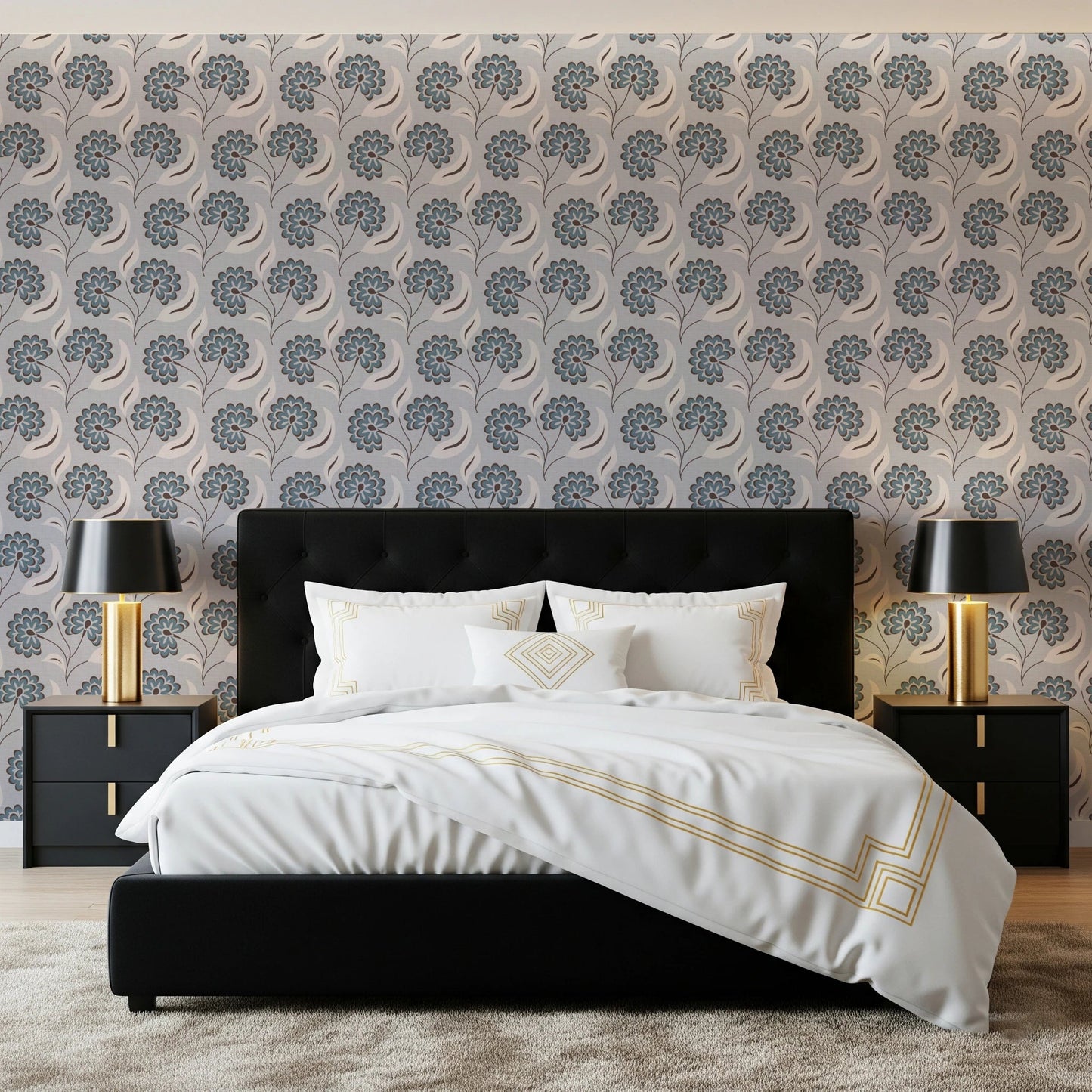 Serene Blooms wallpaper with blue-grey flowers above a black headboard and white bedding in a bedroom