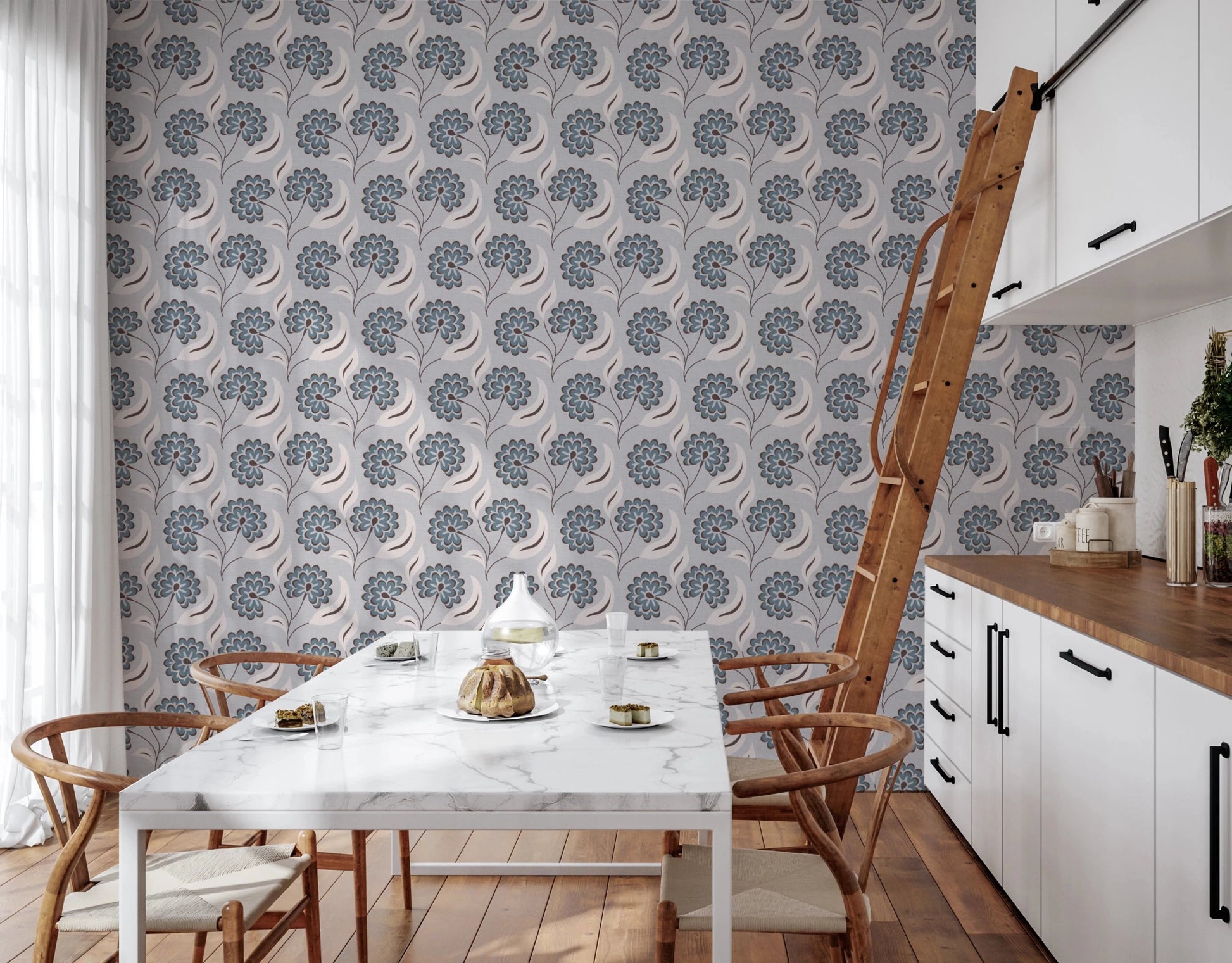 Serene Blooms wallpaper with blue floral motif behind a marble dining table in a bright kitchen