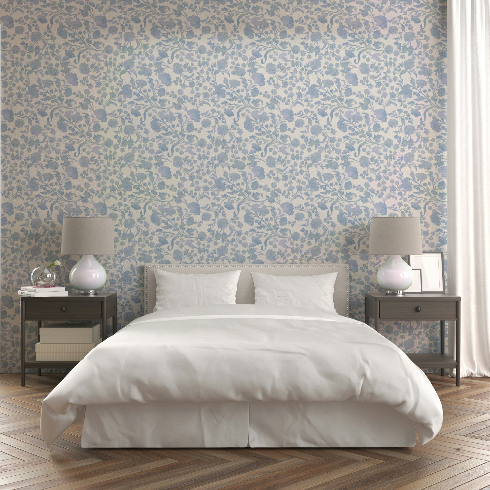 Serene floral print wallpaper in light blue hues


