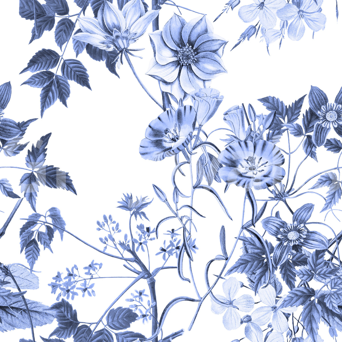Serene Blue Botanicals wallpaper close-up showing the pattern detail of blue flowers and leaves on white