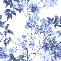 Serene Blue Botanicals wallpaper close-up showing the pattern detail of blue flowers and leaves on white