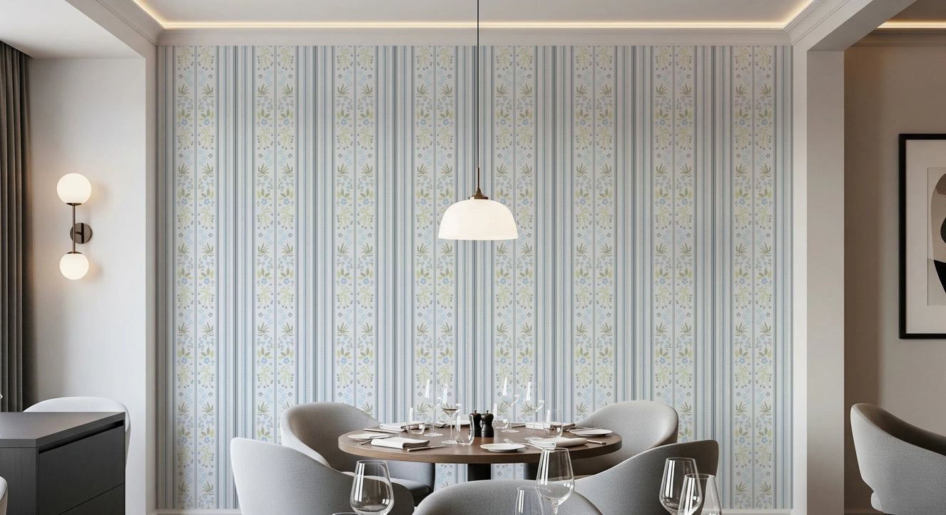 Serene Blue Cottagecore Floral Stripes whimsical Wallpaper⁠