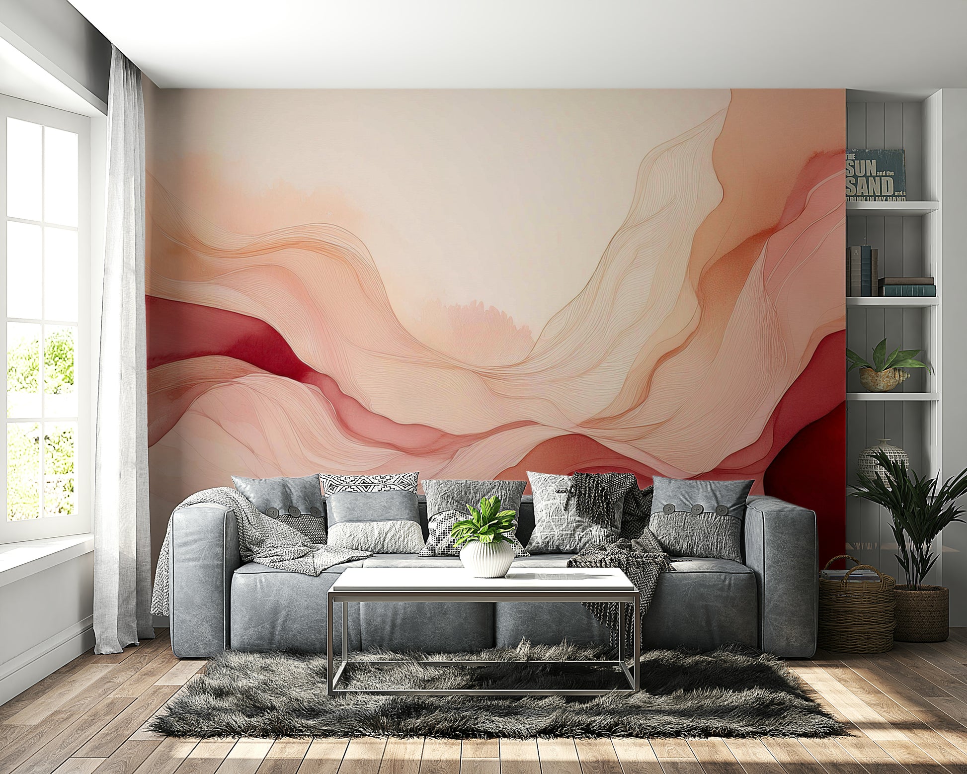 Soft rose coloured waves on a feature wall for a guest bedroom.