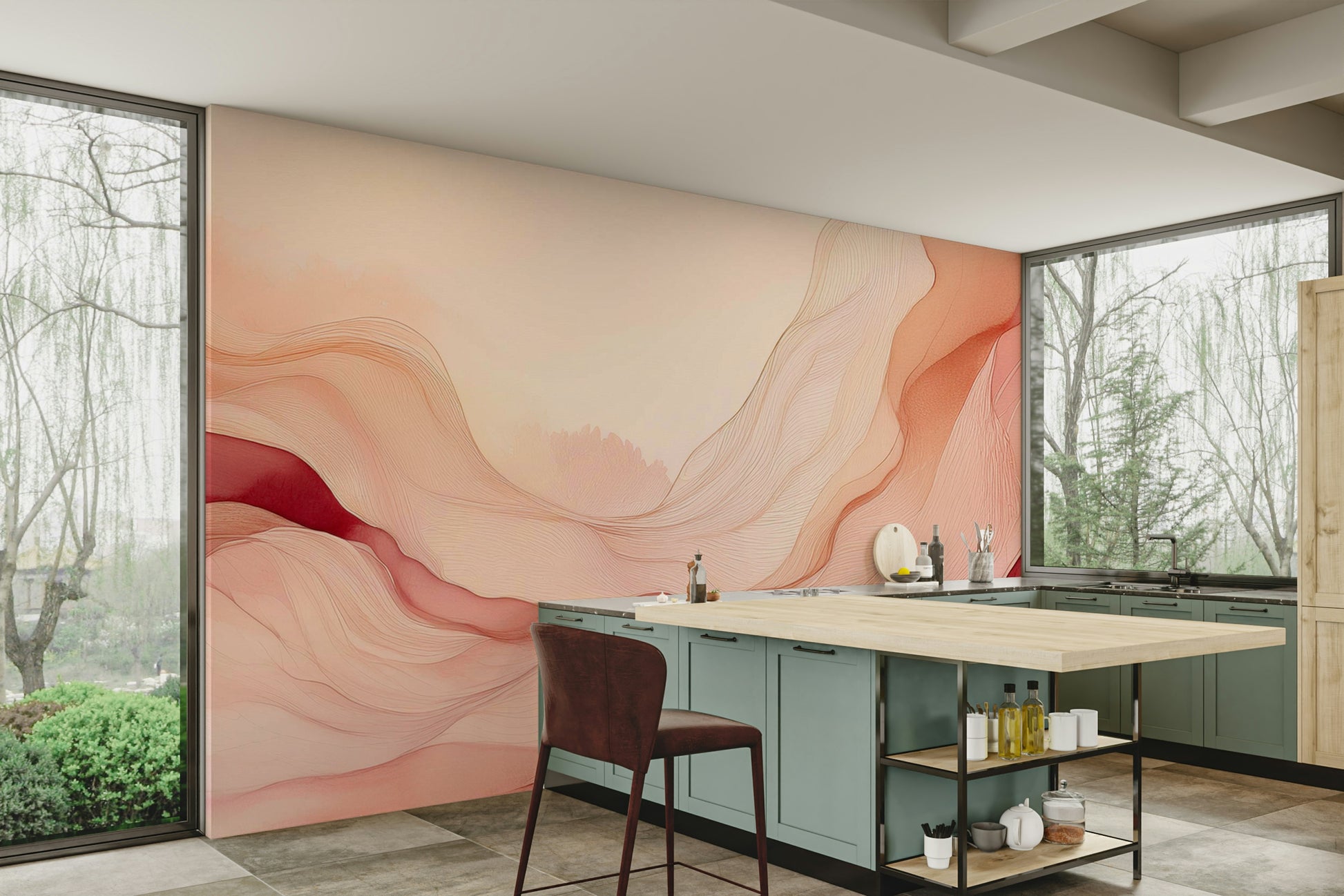 Fluid blush wave pattern wallpaper for a minimalist flat hallway.