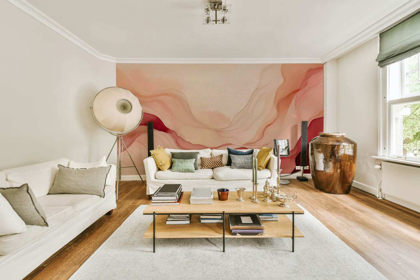 Serene Blush Waves Wall Mural for a calming master bedroom feature wall.