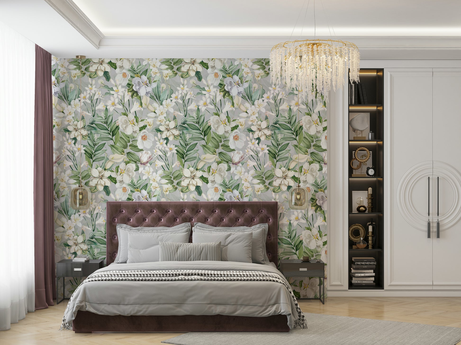 Detailed view of soft floral petals and greenery in Serene Botanical Bloom wallpaper.

