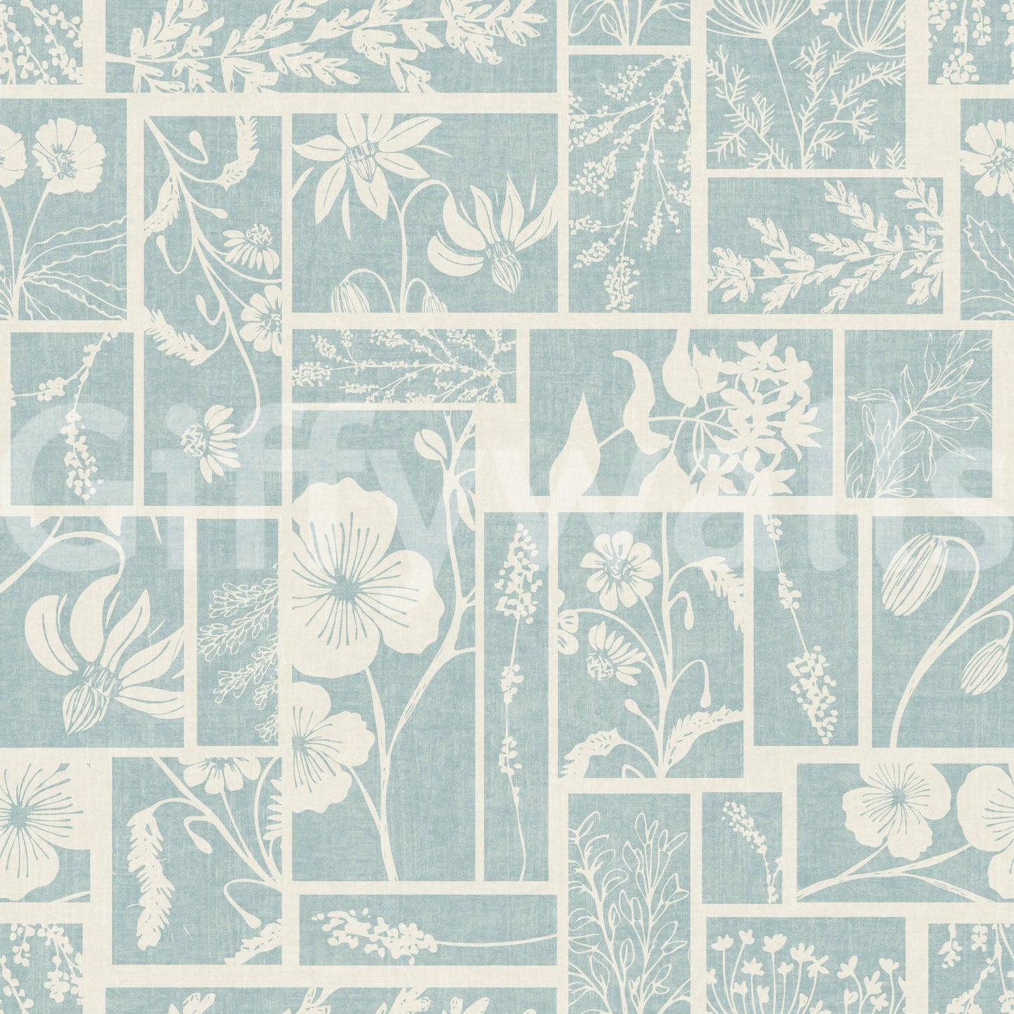 Floral patchwork wallpaper with soft blue background and botanical details