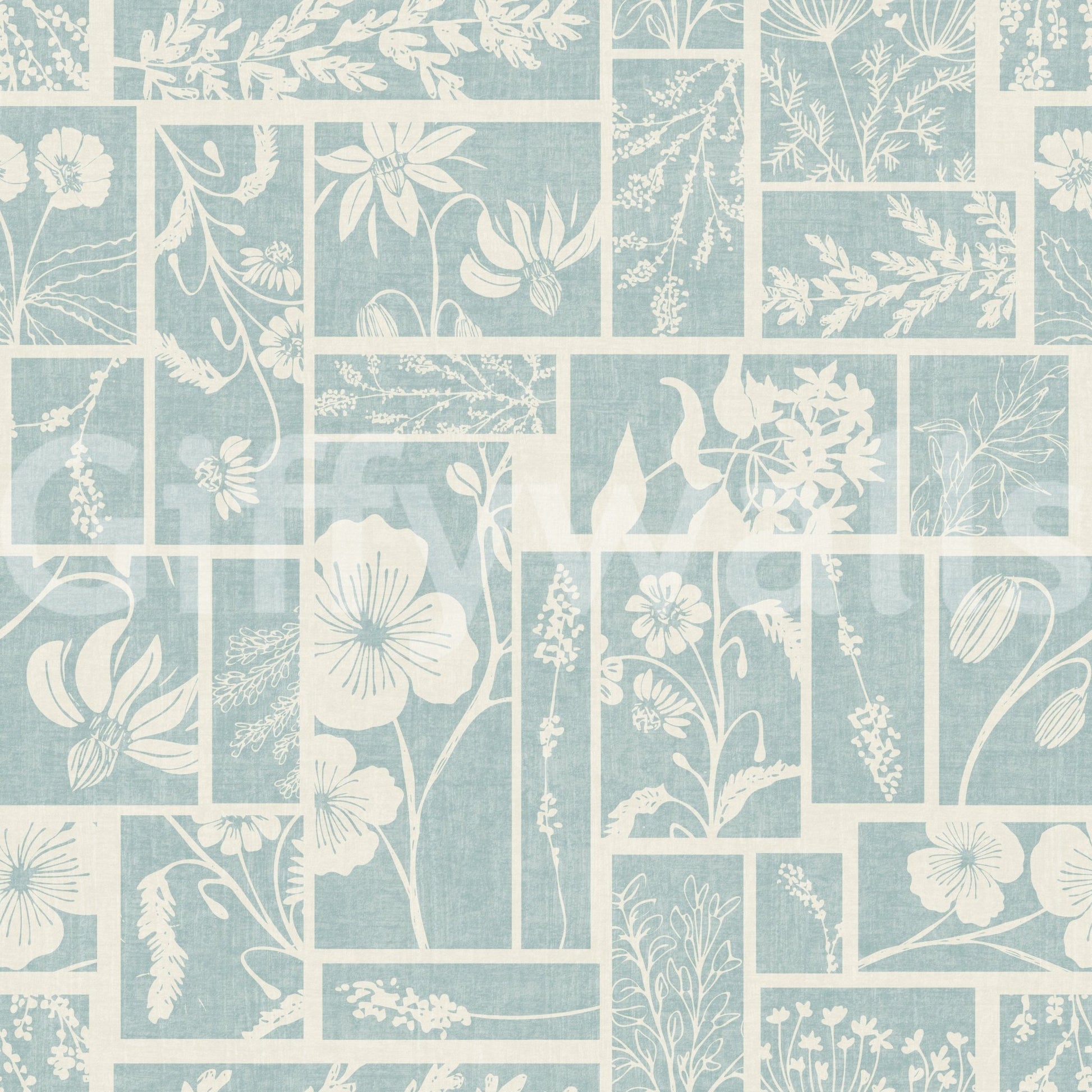 Floral patchwork wallpaper with soft blue background and botanical details