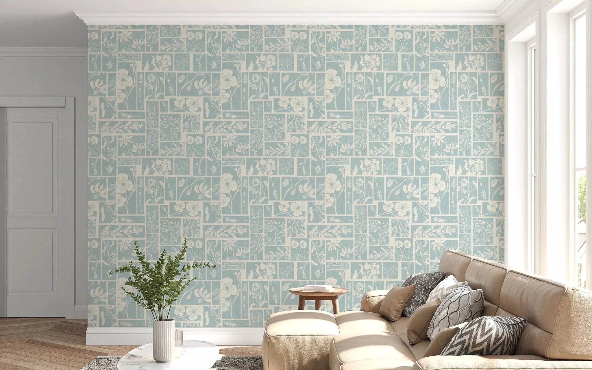 Serene Botanical Patchwork - Soft Blue Floral Wallpaper | AU