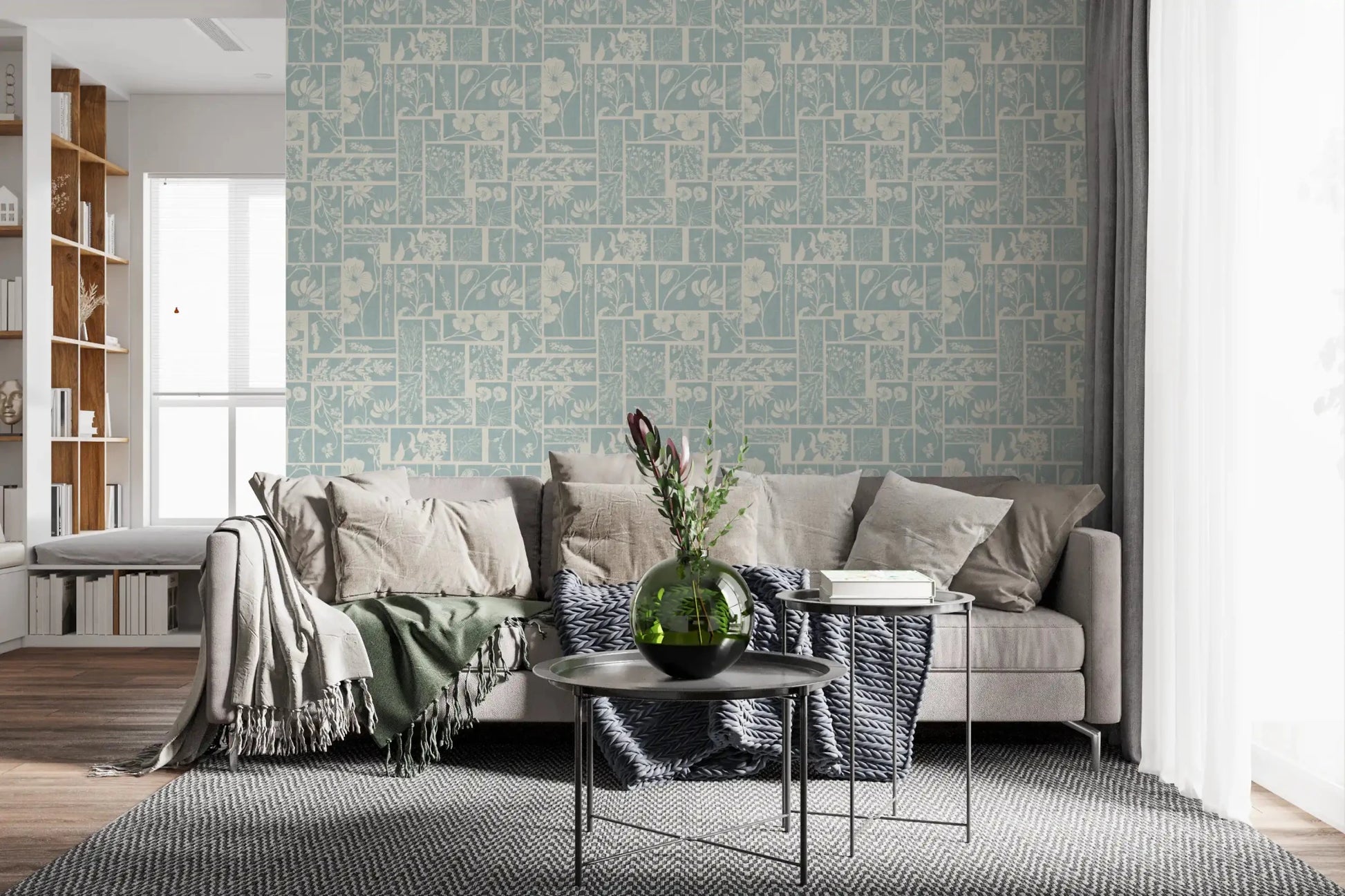 Light blue botanical collage wallpaper for elegant hallway styling