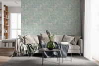 Light blue botanical collage wallpaper for elegant hallway styling