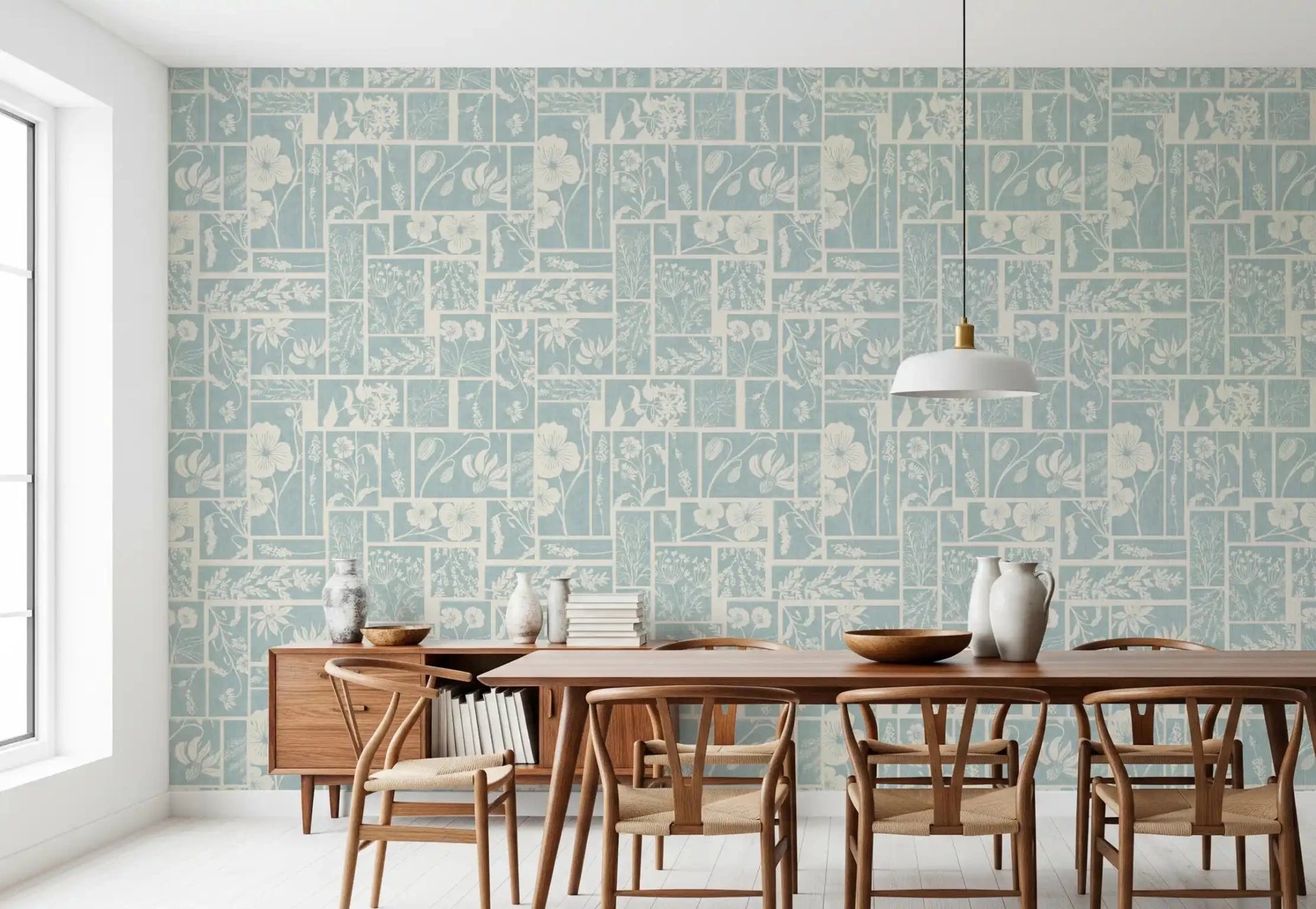 Subtle floral patchwork wallpaper used in modern dining area space
