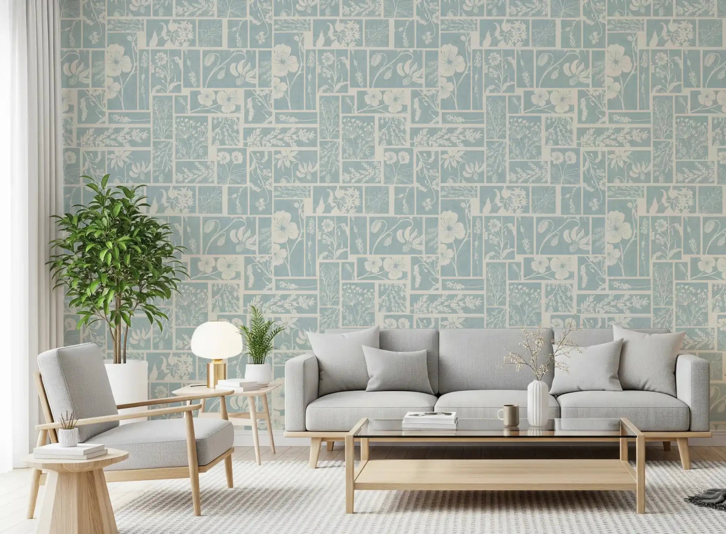Patchwork floral wallpaper with nature-inspired motifs and structured layout