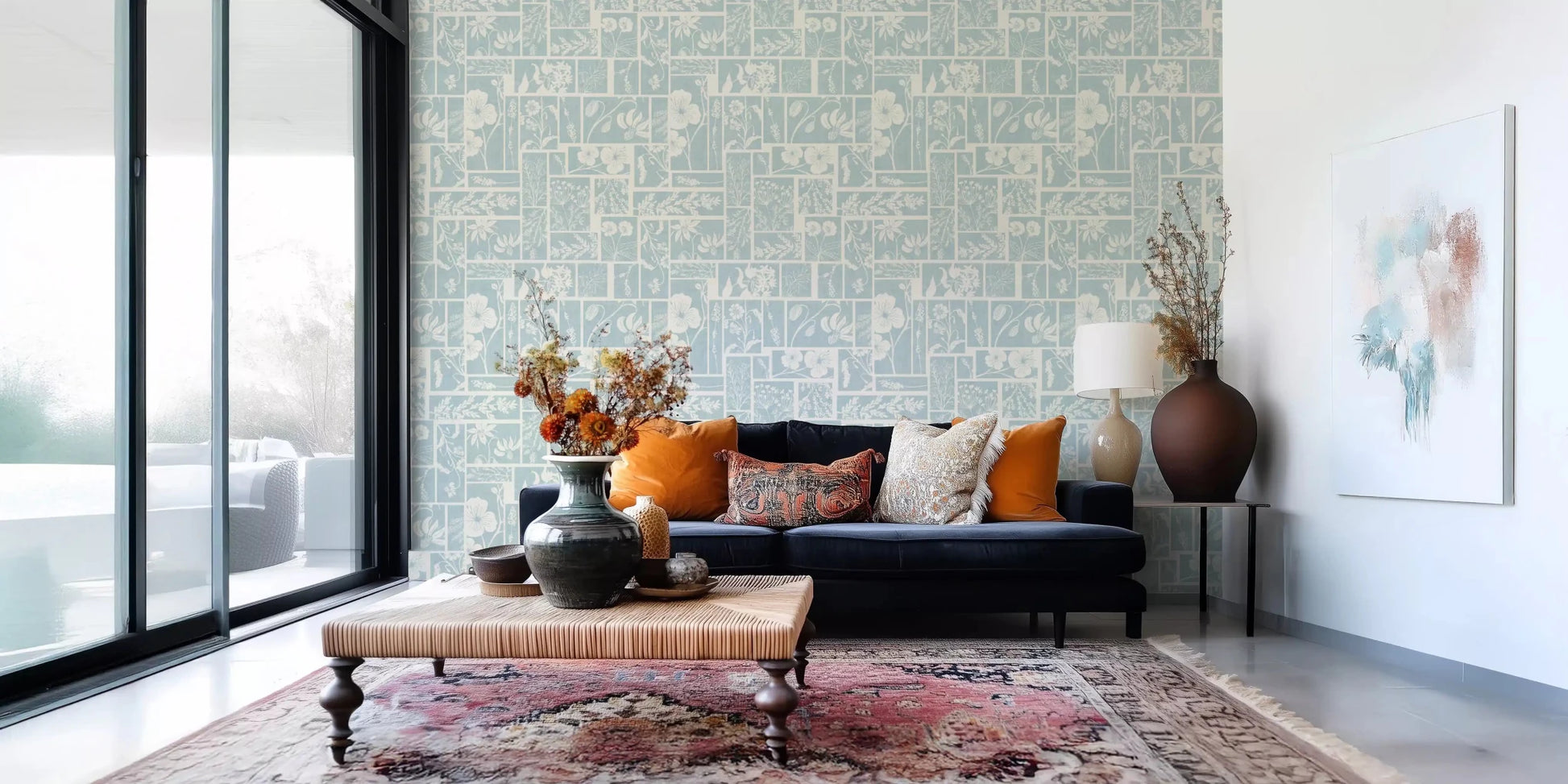 Nature patchwork wallpaper with blue blocks and subtle floral elements