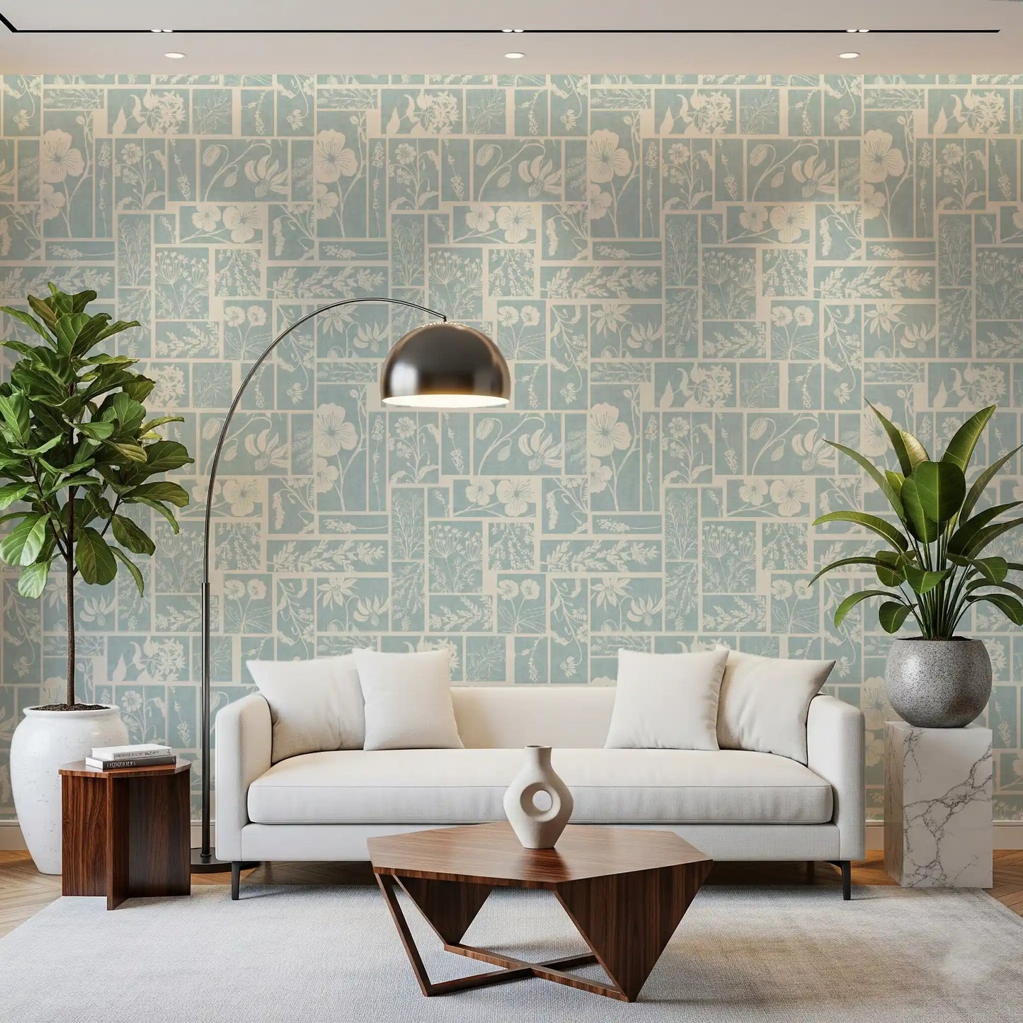 Botanical panel wallpaper with white floral line art and calm blue tones