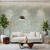 Botanical panel wallpaper with white floral line art and calm blue tones