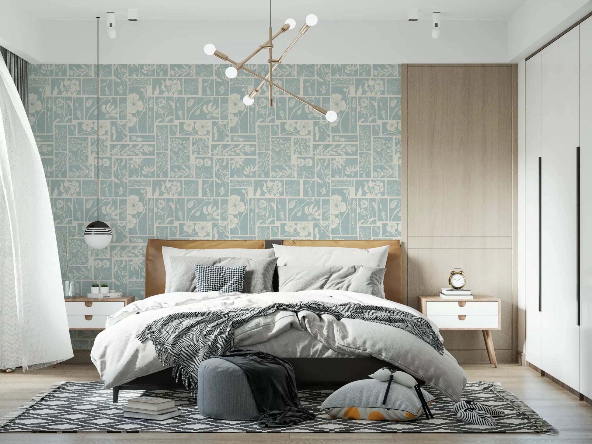 Calm floral tile wallpaper pattern enhancing bedroom wall surface