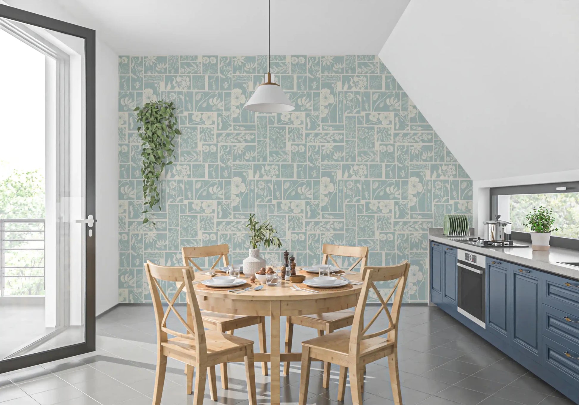Blue botanical wallpaper with patchwork design and delicate plant drawings