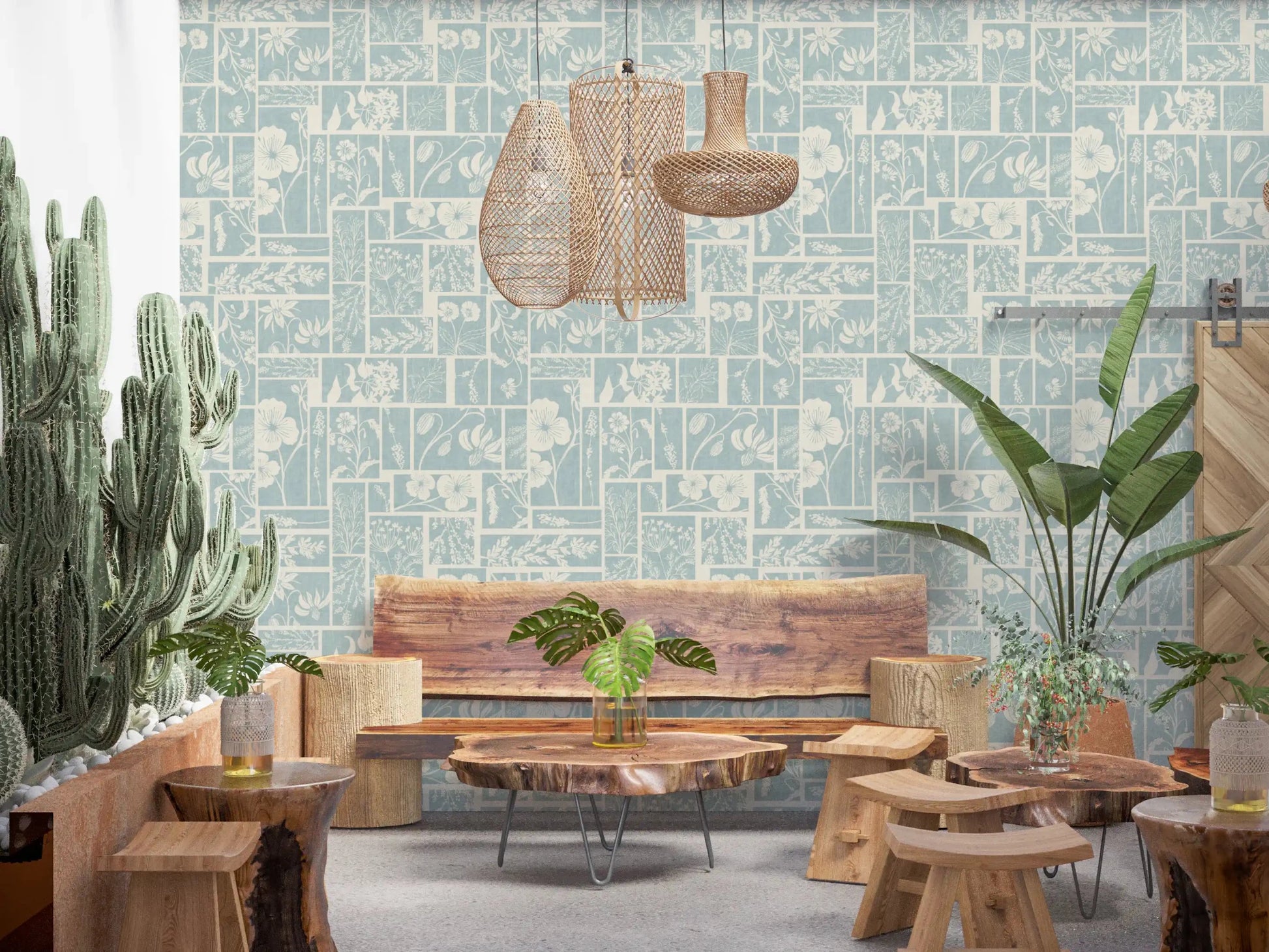 Botanical tile design wallpaper adding texture to cozy cafe setup