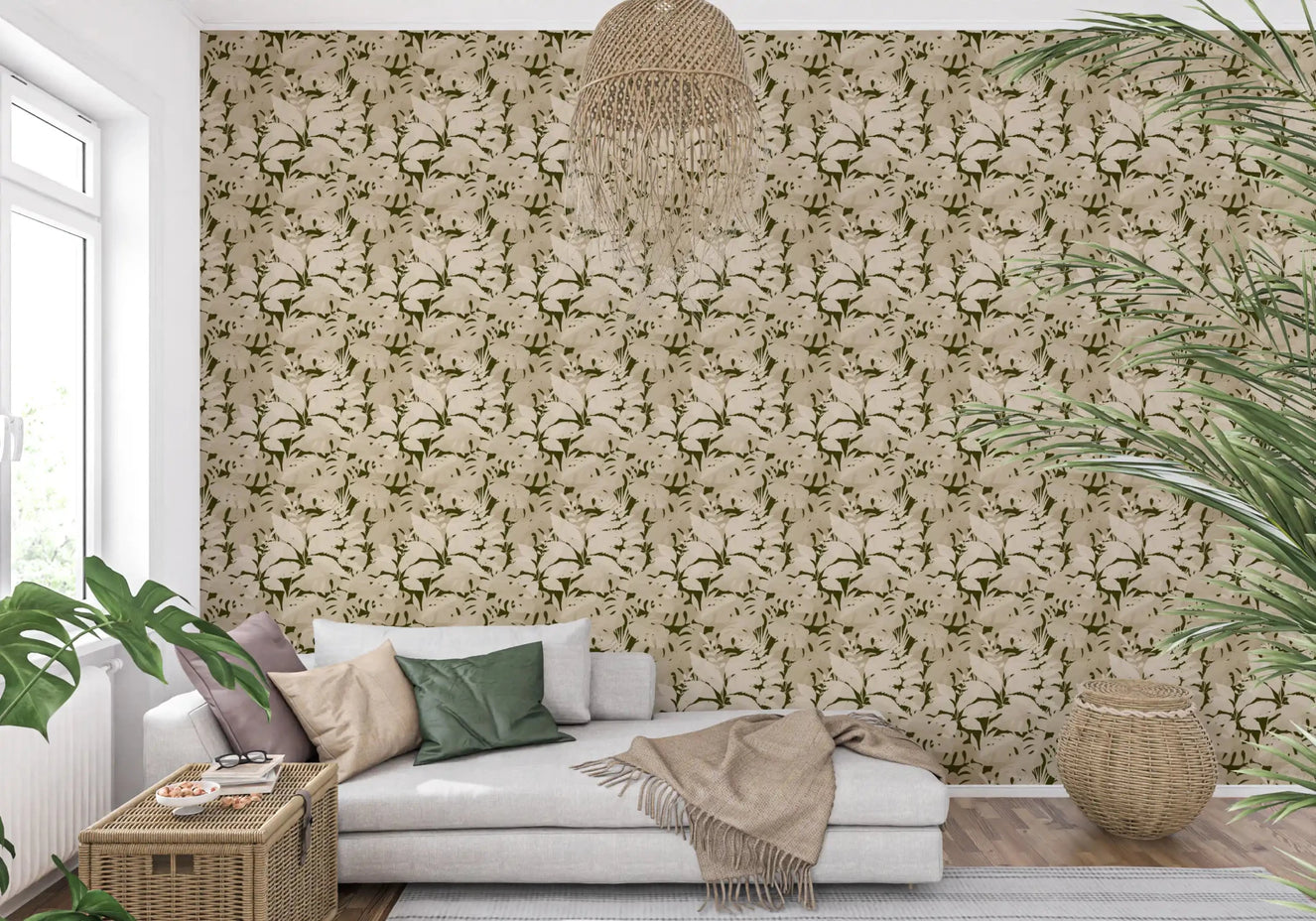 Serene Botanical Rustic Monstera wallpaper in hallway with leaves