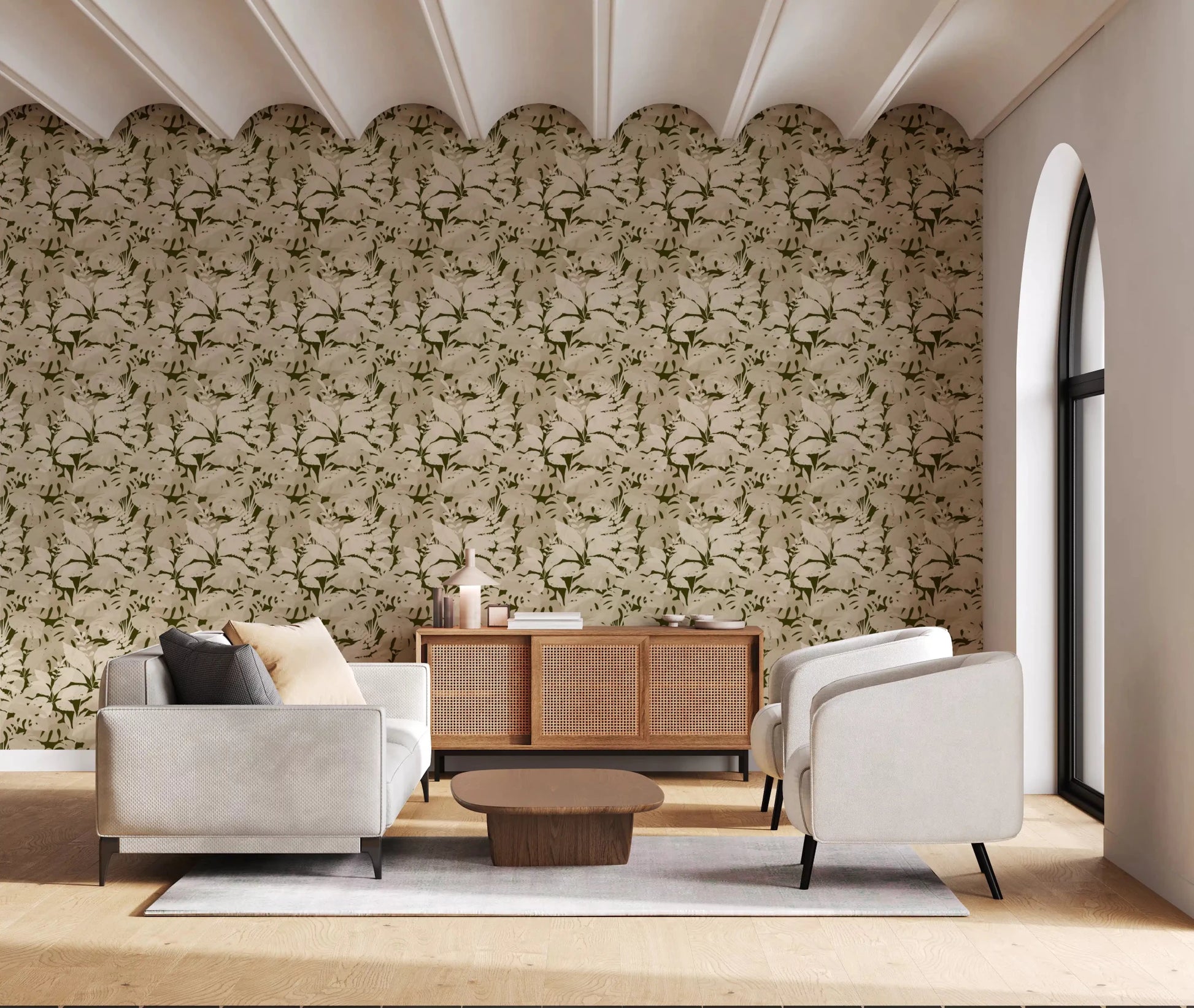 Serene Botanical Rustic Monstera wallpaper with oversized leaves