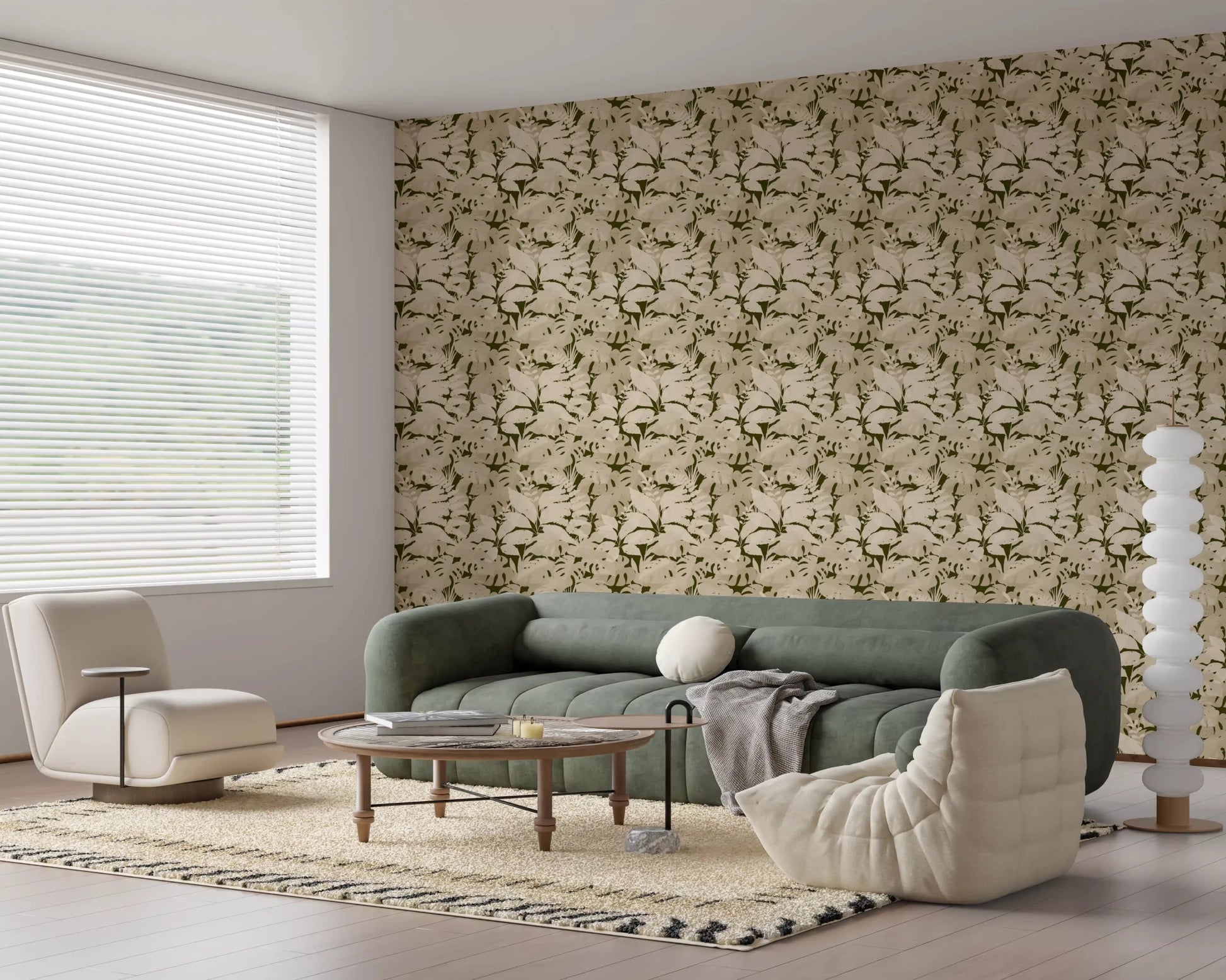 Neutral botanical wallpaper with monstera leaves and tropical forms