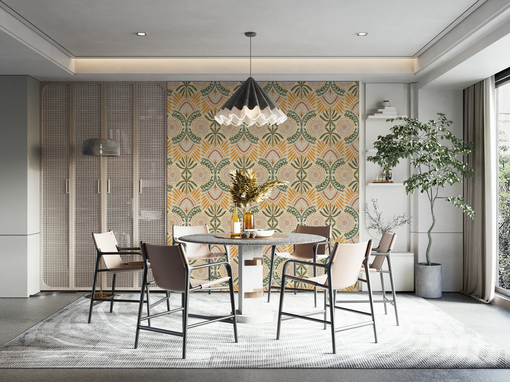 Green foliage tapestry wallpaper creating tranquil vibes

