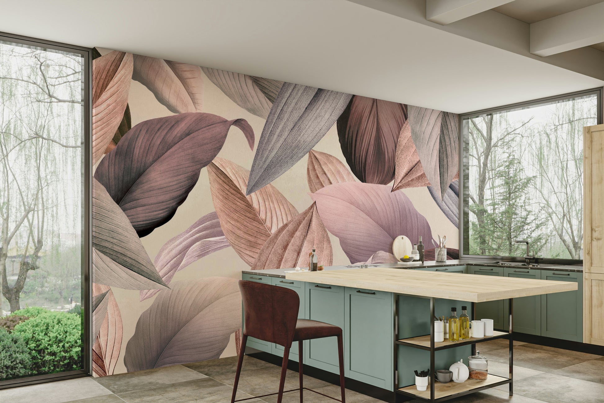 Peel and stick serene botanical mural for living rooms

