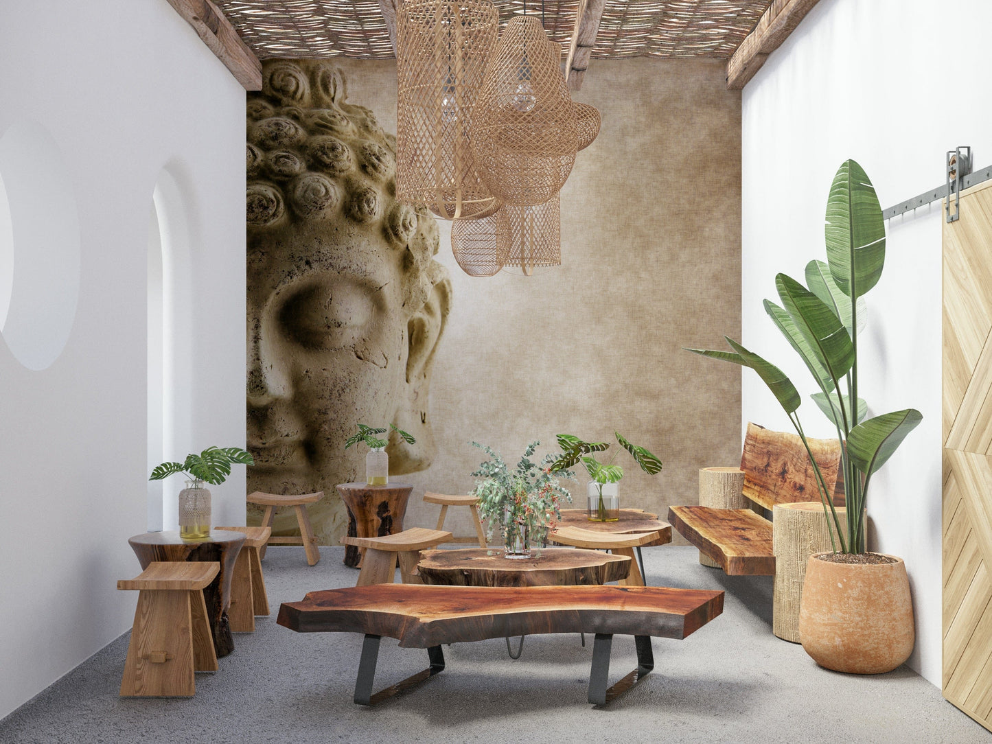 Beige and grey Buddha wall design in a peaceful apartment setting