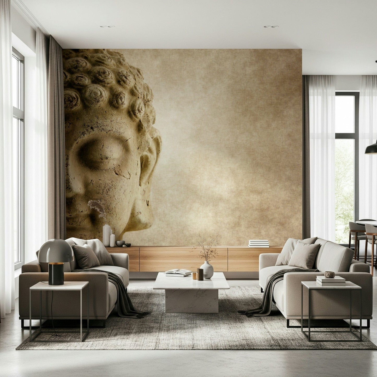 Contemporary space with muted beige Buddha mural