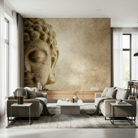Contemporary space with muted beige Buddha mural