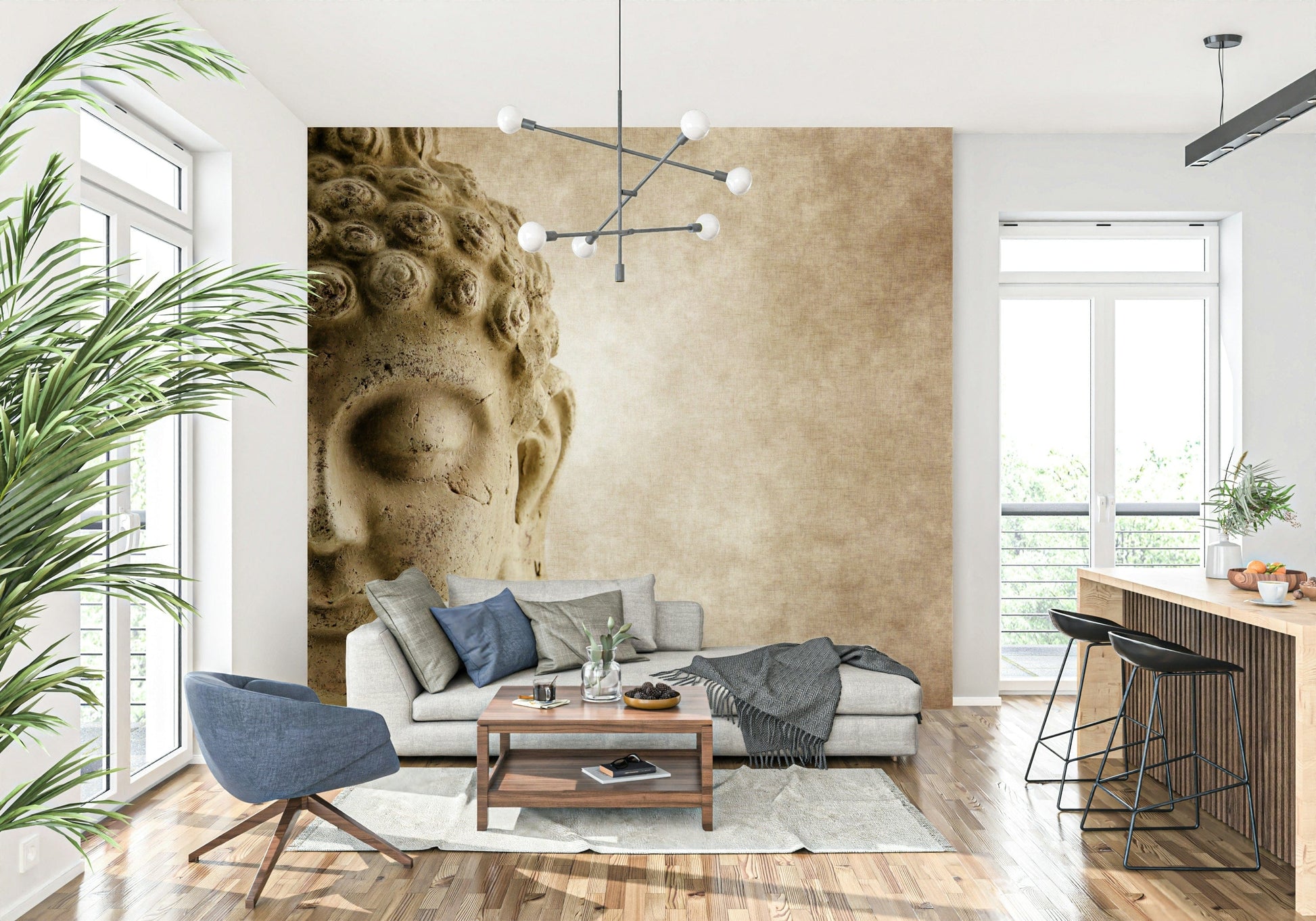 Neutral tone mural creating a relaxing vibe in home office