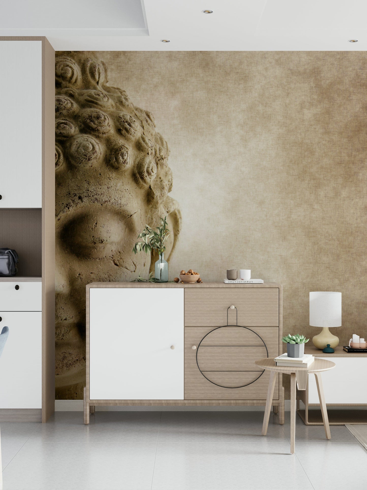 Soft color Buddha wallpaper in living room corner