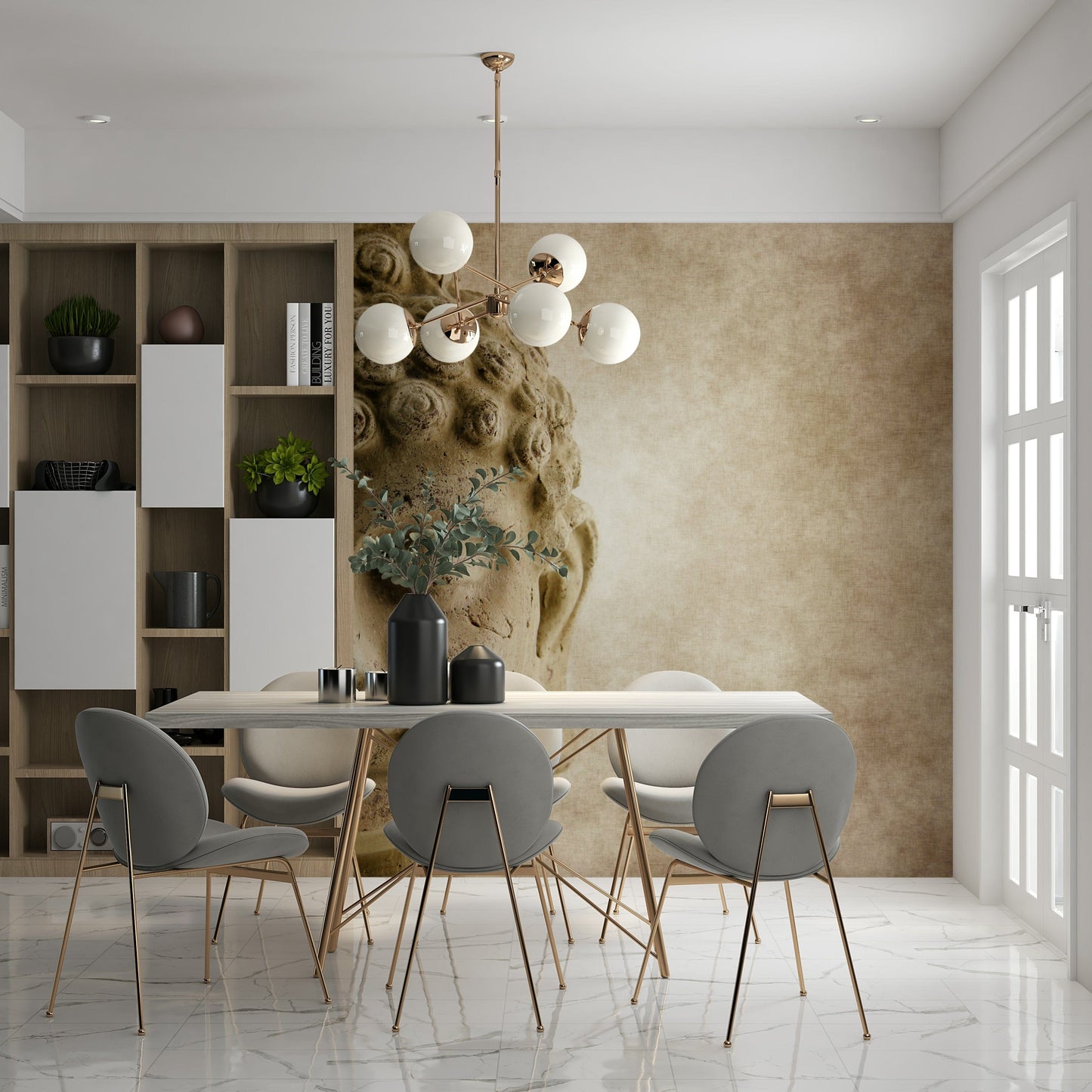 Modern meditation space with serene Buddha mural and soft wall decor