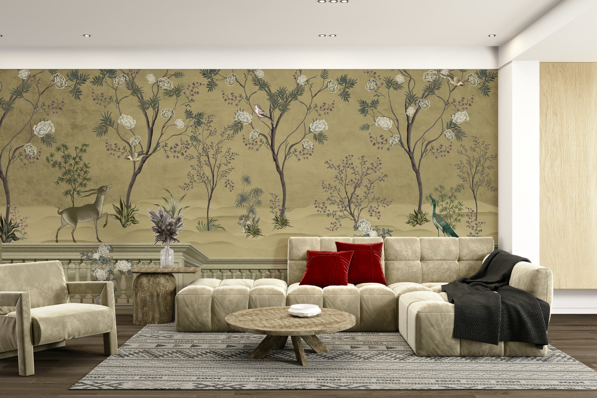 A peaceful wall mural with a natural, chinoiserie design.

