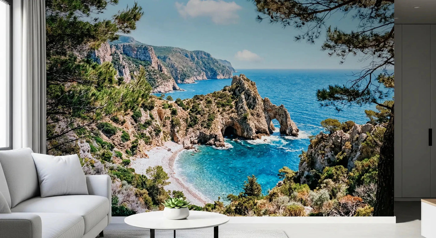Living room styled with serene coastal wall mural and rocky sea arch