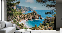 Living room styled with serene coastal wall mural and rocky sea arch