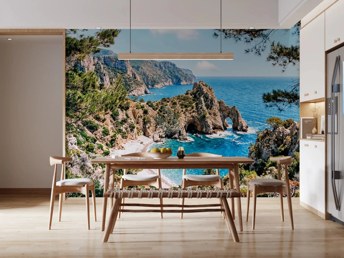 Dining room with sea arch wall mural and rocky cove landscape
