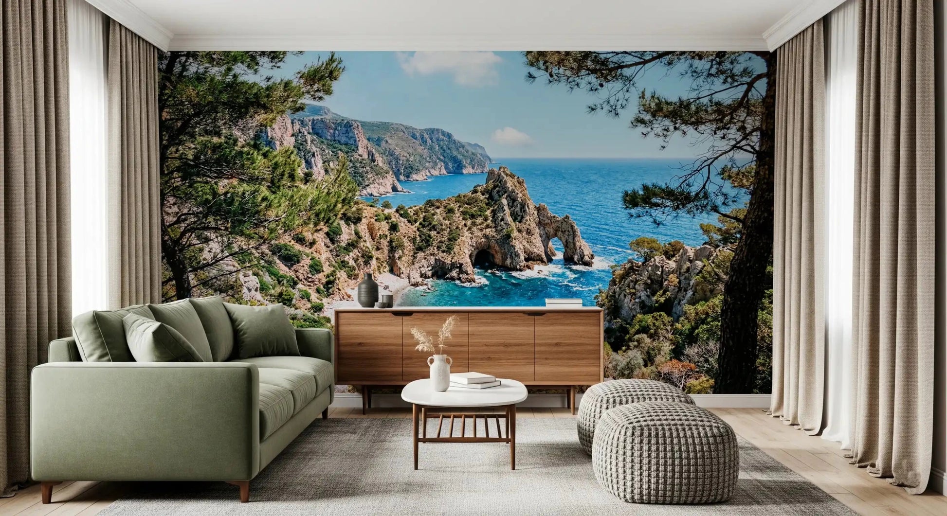 Living room with coastal cliff wall mural and turquoise water scene