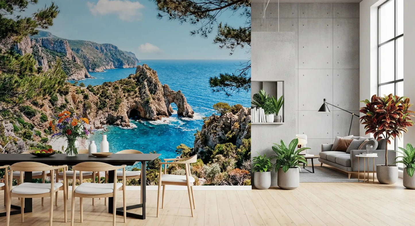 Dining room finished in coastal arch wall mural and vivid ocean tones