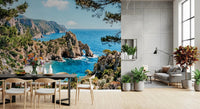Dining room finished in coastal arch wall mural and vivid ocean tones