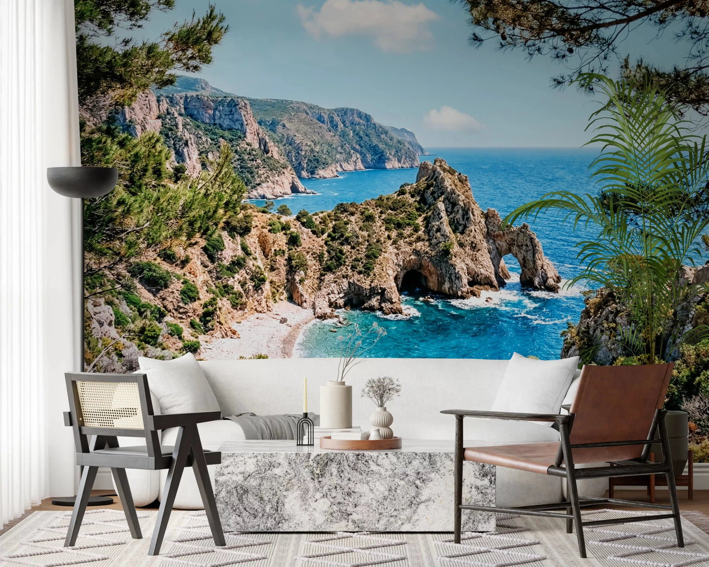 Home and office with serene coastal wall mural and blue coastal inlet
