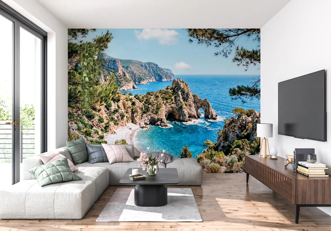 Living room with coastal archway wall mural and bright turquoise cove