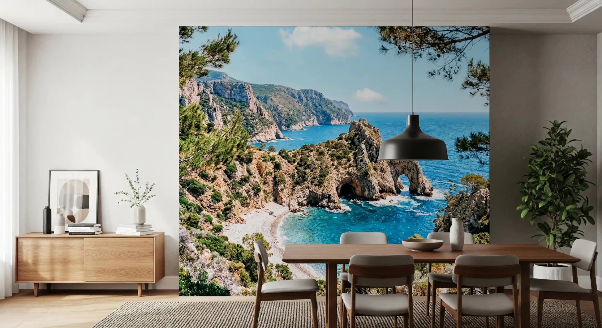 Dining room with archway wall mural and sunlit shoreline scenery