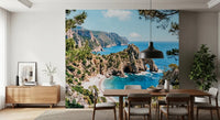 Dining room with archway wall mural and sunlit shoreline scenery