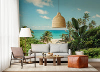 Scenic ocean shore wall mural with lush foliage for hallway 