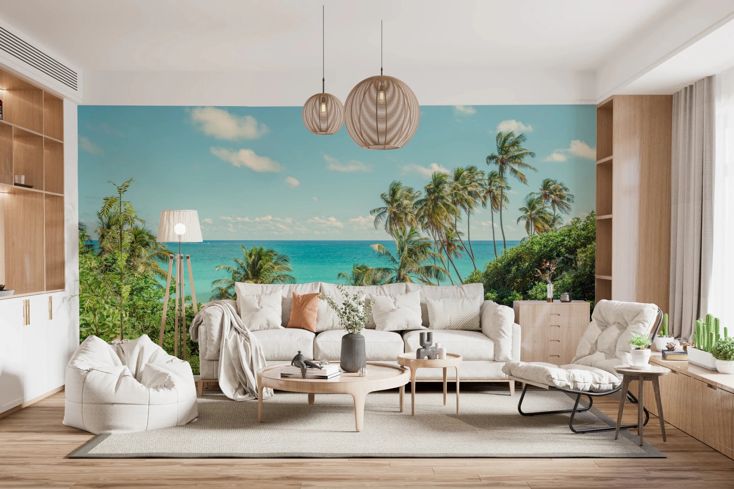 Bright serene beach landscape wallpaper showing exotic palms by the sea.